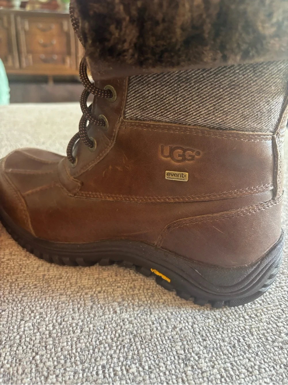 UGG Brown Leather Lace-Up Shearling-Trim Boots